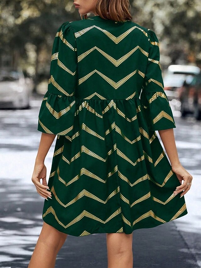 Women's Geometric Notched Neck Mini Dress 3/4 Length Sleeve