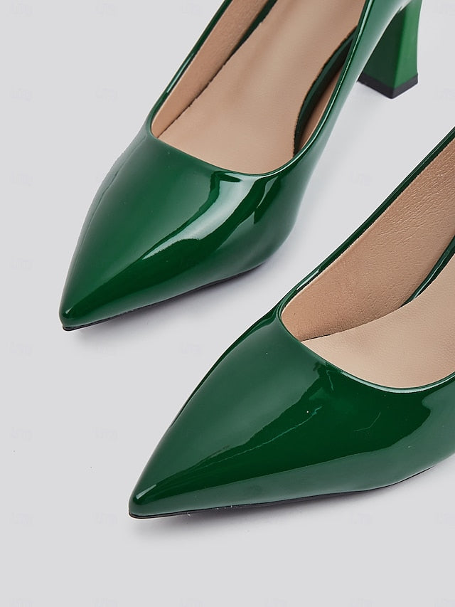 Green Leather Glossy Pumps Patent Heel Faux Block Pointed-Toe