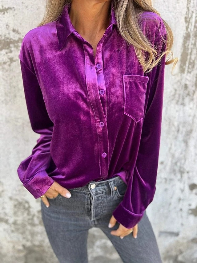 Women's Dress Shirt Button Up Shirt Blouse Velvet Blouse