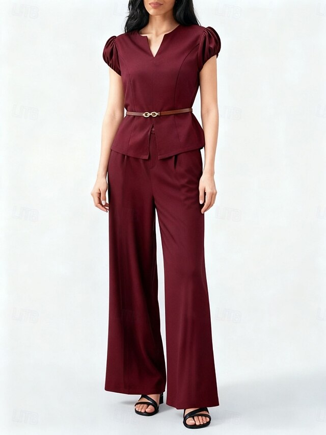 Women's Pants Sets Short Sleeve V Neck Solid Color Elegant