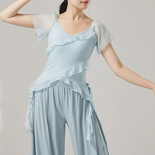 Activewear Top Ruffles Pure Color Splicing Women's
