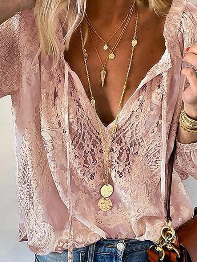 Women's Boho Lace Patchwork V-Neck Blouse Long Sleeve