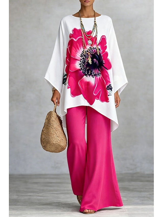 Women's Pants Sets Long Sleeve Round Neck Floral Graphic