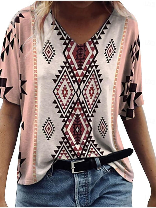 Women's Normal T Shirt Patchwork Print Graphic Plaid Tribal