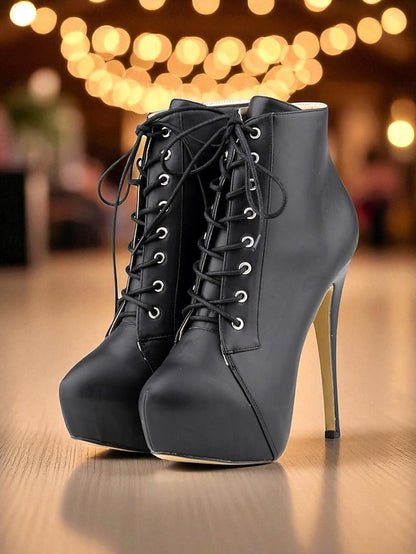 Boots Beige Platform Women's - Lace-Up Ankle Leather Faux