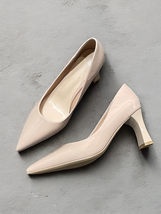 Green Leather Glossy Pumps Patent Heel Faux Block Pointed-Toe