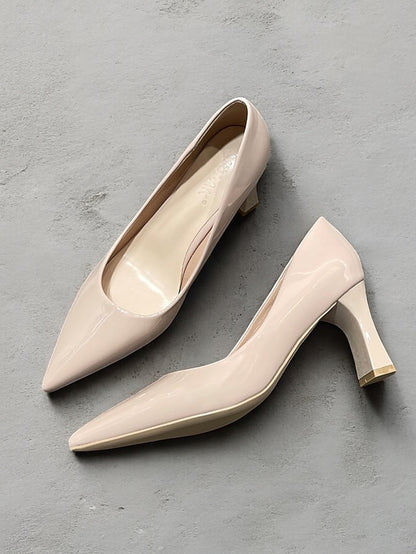 Green Leather Glossy Pumps Patent Heel Faux Block Pointed-Toe