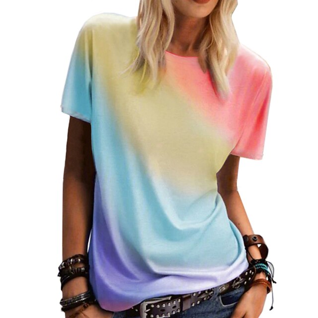 Women's clothing rainbow gradient printing casual top round