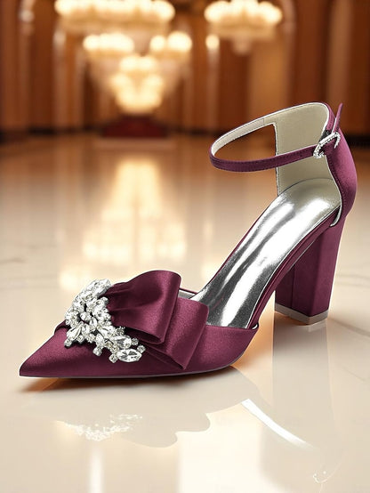 Bow Pumps with and Heel Satin Crystal Women's Block