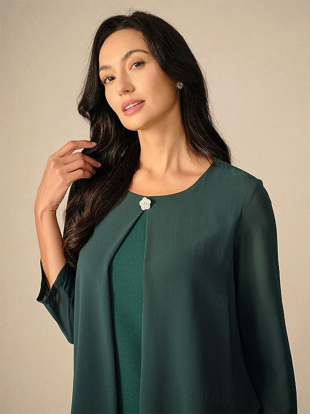 Women's Evening Dress Cape Sleeve Knee-Length Elegant Green