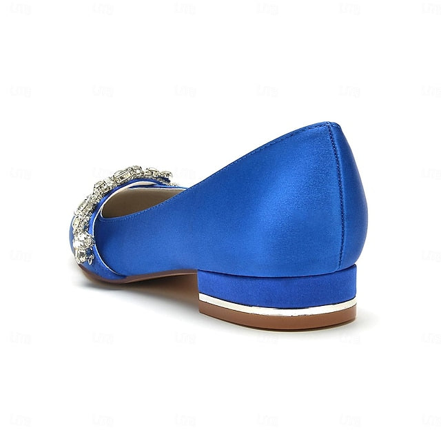 and Wedding Flat with Pointed Toe Shoes White Satin Crystal