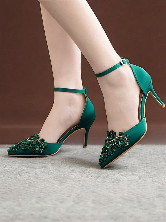 Green Pointed Heels Satin Emerald – Strap Women's Ankle