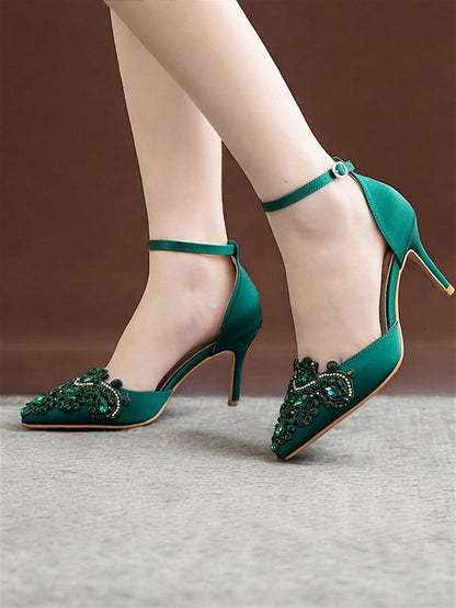 Green Pointed Heels Satin Emerald – Strap Women's Ankle