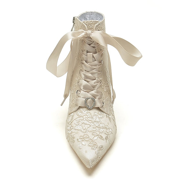 Women's White Floral Lace-Up Embroidered Booties Bridal –