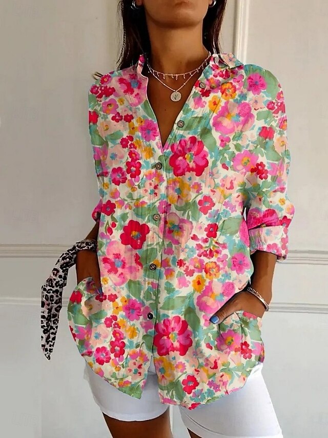 Women's Shirt Pocket Buttons Print Floral Bohemia Hawaiian