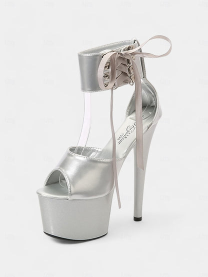 Straps Black Patent Leather Lace-Up Sandals Ankle Platform with