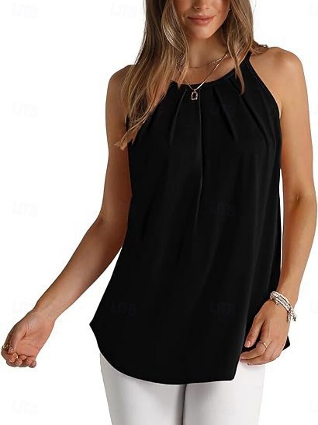 Women's Tank Top Sleeveless Shirt Tee Top Pleats Solid