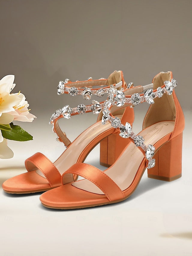 Crystal with Heel Straps Block Satin Pink Sandals Women's