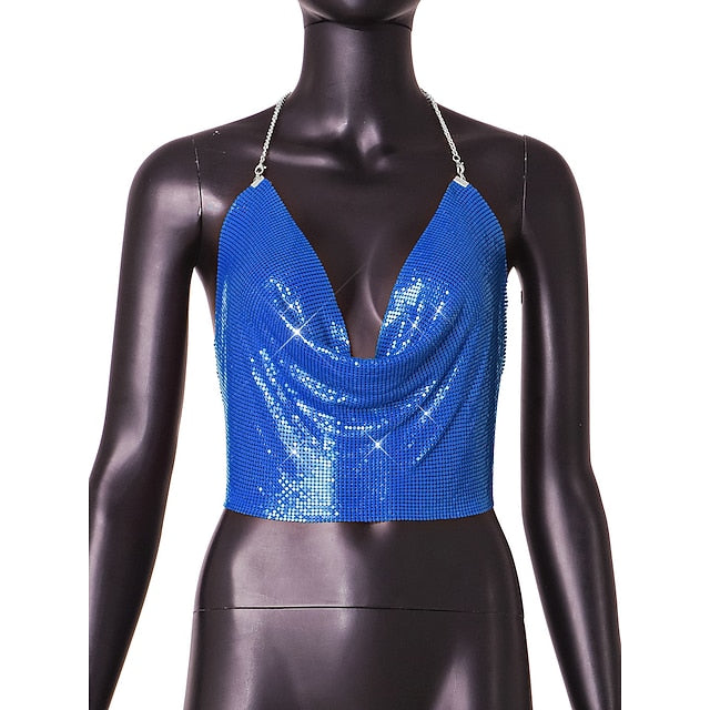 Metallic Chain Camisole Top Sparkle Crop Backless Body Tank
