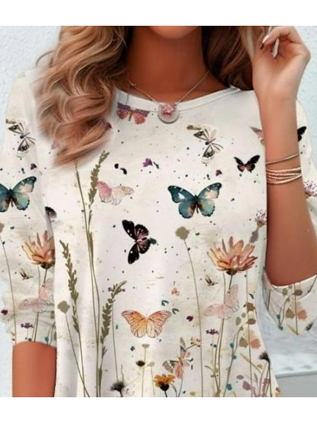 Women's T shirt Crew Neck Long Sleeve Tunic Floral Elegant