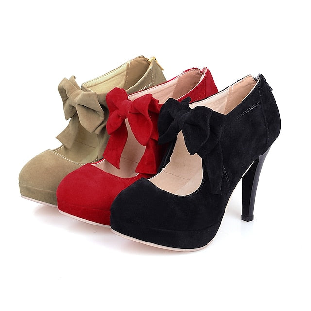 Vintage Heel Pumps Suede Women's High Bow Red Platform –