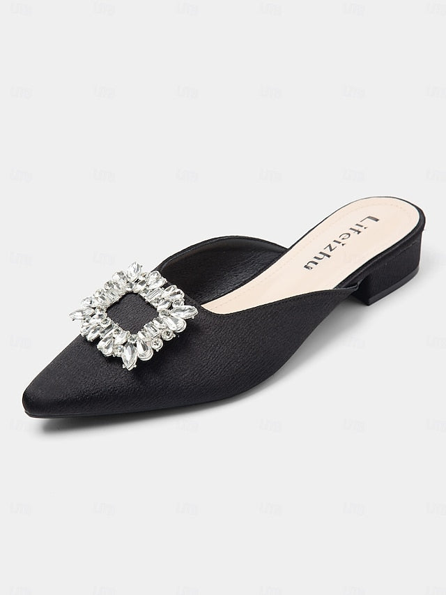 Rhinestone Satin Pointed-Toe Black with Mules Women's