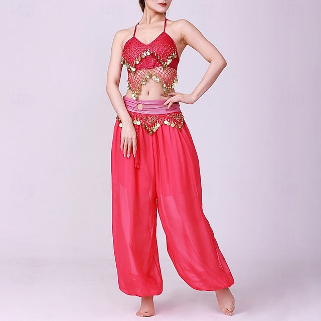Latin Dance Top Gold Coin Pure Color Splicing Women's