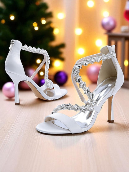 - High White Strappy Rhinestone Women's Sandals Heel