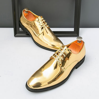 Gold – for Lace-Up Sleek Shoes Leather Men Patent Shiny