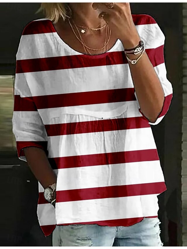 Women's Blouse Print Striped Stylish 3/4 Length Sleeve Crew
