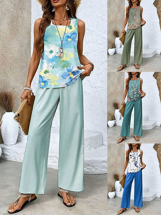 Women's Pants Sets Sleeveless Square Neck Floral Graphic