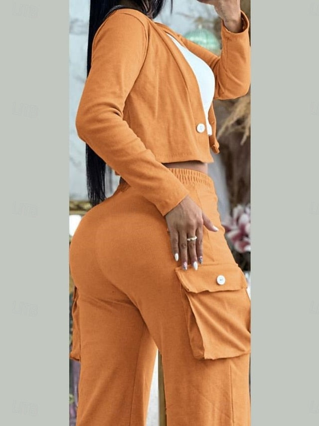 Women's Pants Sets Long Sleeve V Neck Solid Color