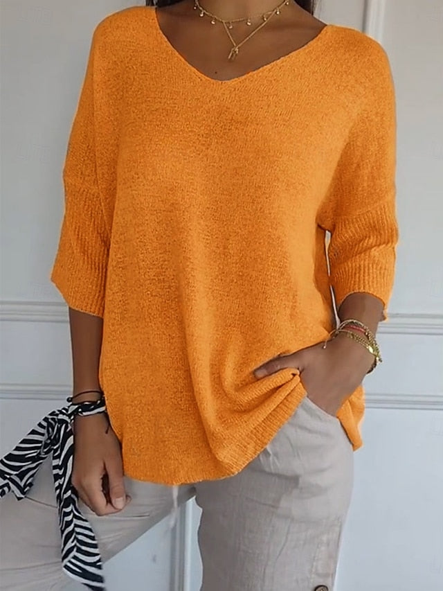 Women's Blouse Solid Color Basic Casual 3/4 Length Sleeve V