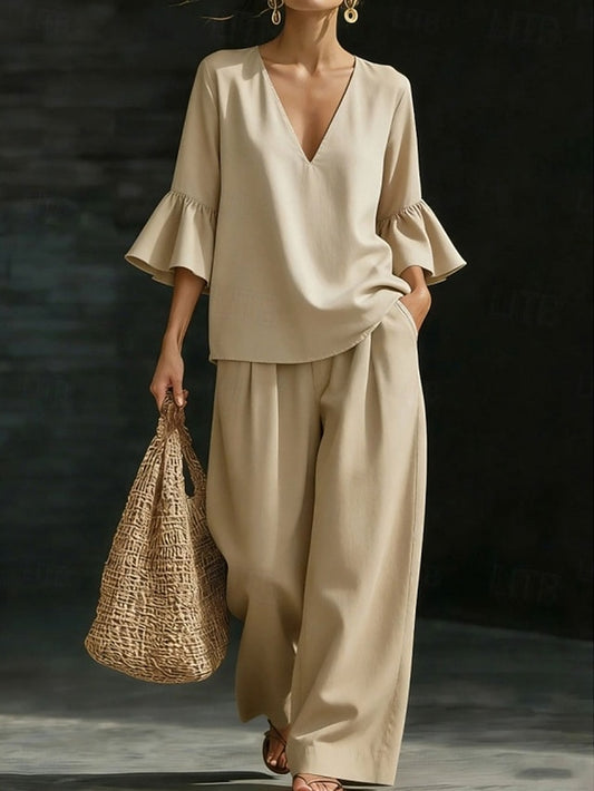 Women's Pants Sets Half Sleeve V Neck Solid Color Fashion