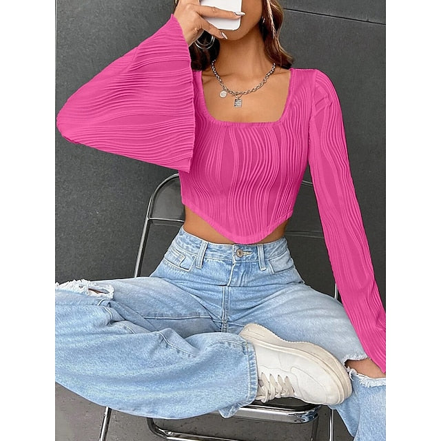 Women's Blouse Solid Color Stylish Casual Long Sleeve U