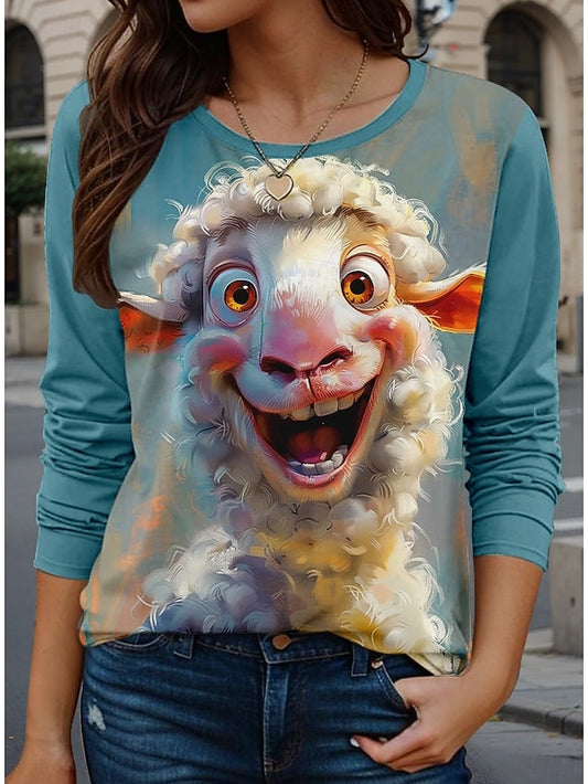 Women's T shirt Crew Neck Long Sleeve Tunic Animal Casual