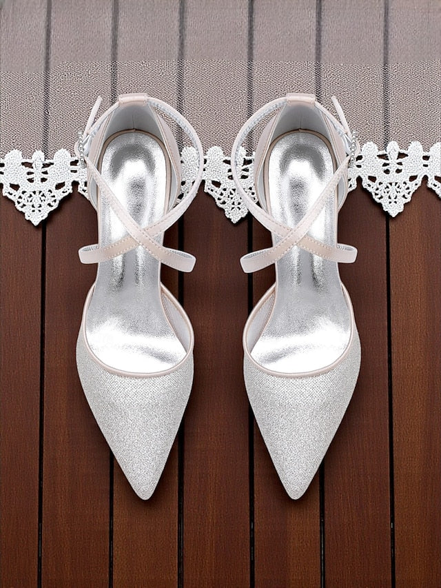 Silver - Women's Strap Heels Glitter Ankle Elegant Stiletto