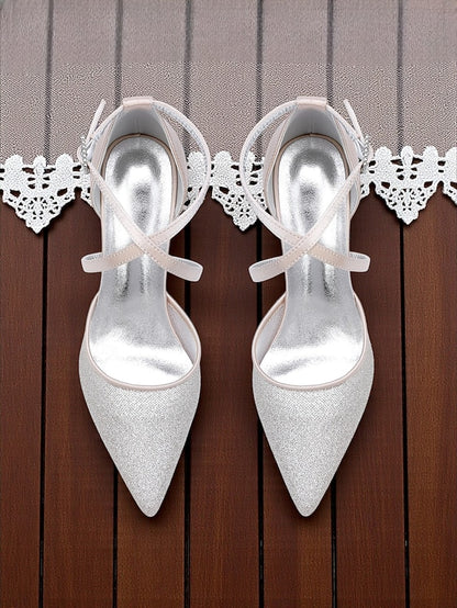 Silver - Women's Strap Heels Glitter Ankle Elegant Stiletto