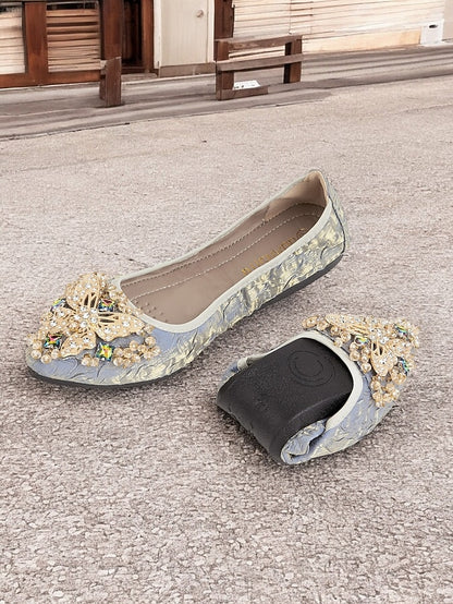 Flats with Ballet Beaded Women's Foldable Embroidered