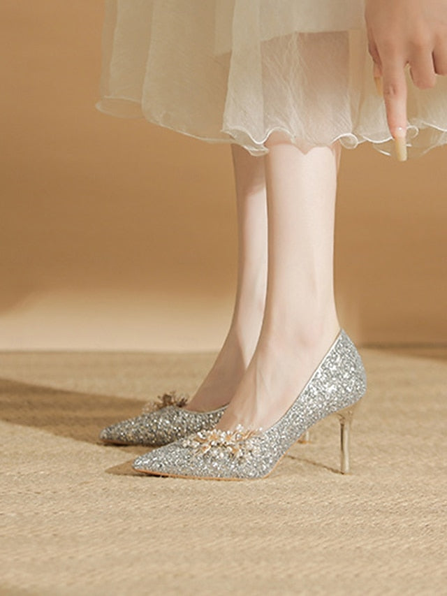 Women's Floral Heels Stiletto Silver with Glitter