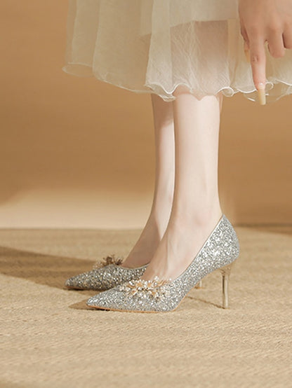 Women's Floral Heels Stiletto Silver with Glitter