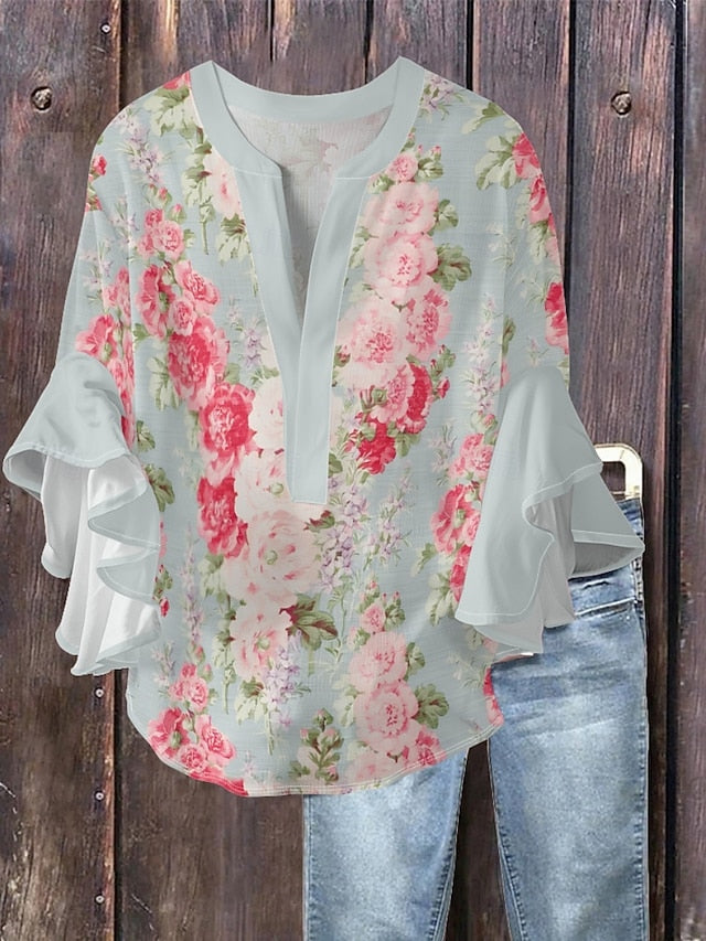 Women's Blouse Ruffle Print Floral Stylish Modern 3/4