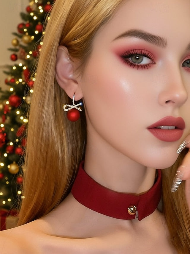 Rhinestone Pearl Earrings and Christmas Women's with Bow