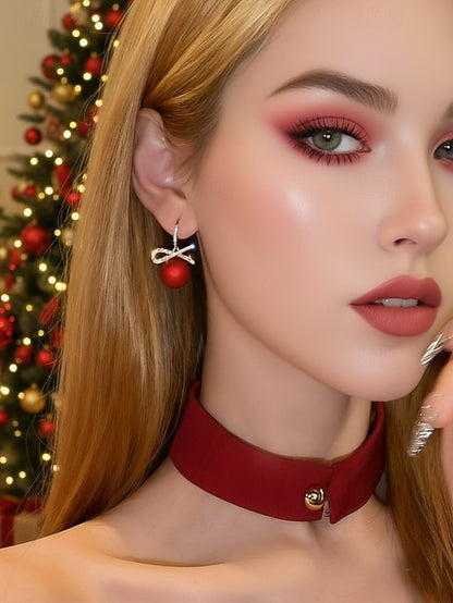 Rhinestone Pearl Earrings and Christmas Women's with Bow