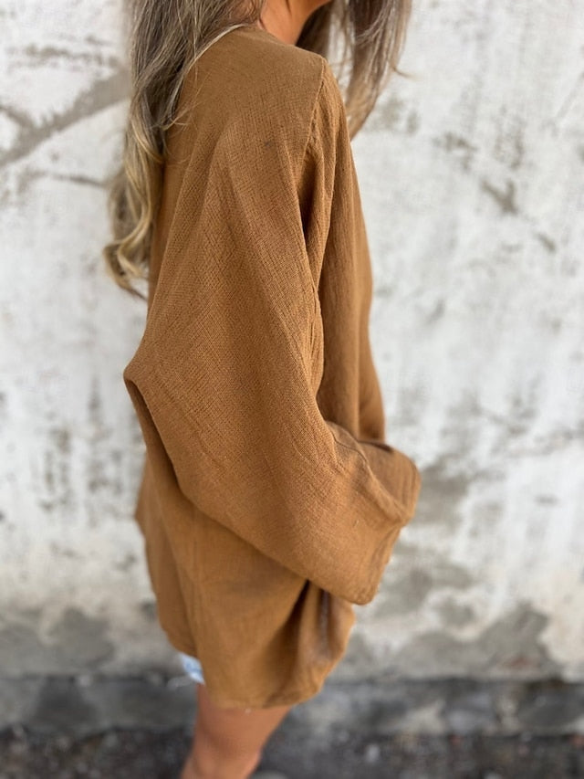 Women's Shirt Button Up Blouse Faux Cotton Linen Buttons