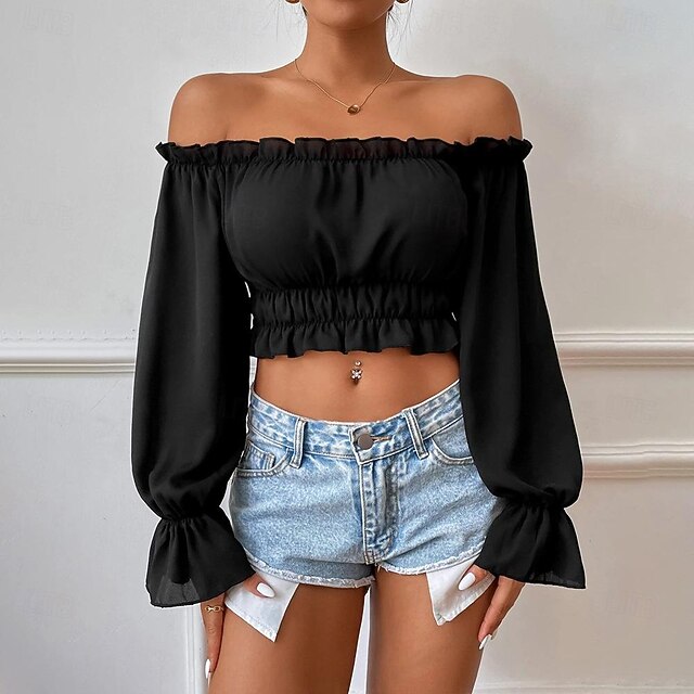 Shirt Blouse Women's Black Plain Crop Top Street Daily