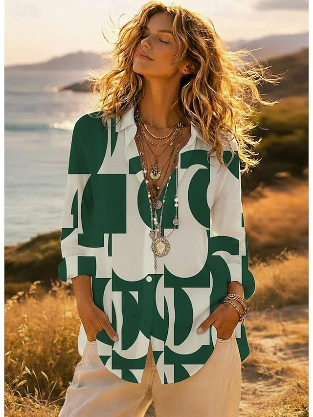 Women's Geometric Print Lapel Button Down Shirt Long Sleeve
