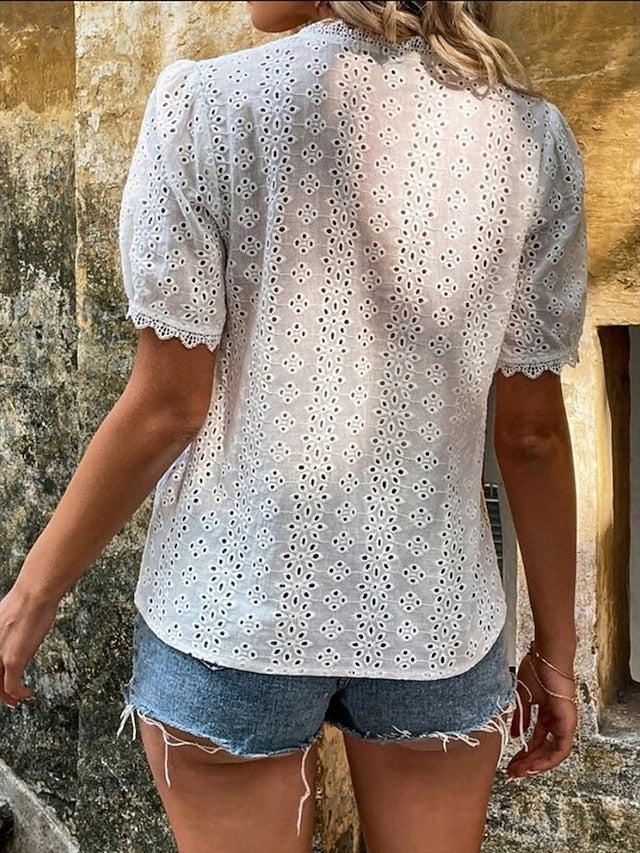 Women's Lace Splicing Top Blouse Lace Buttons Solid Color