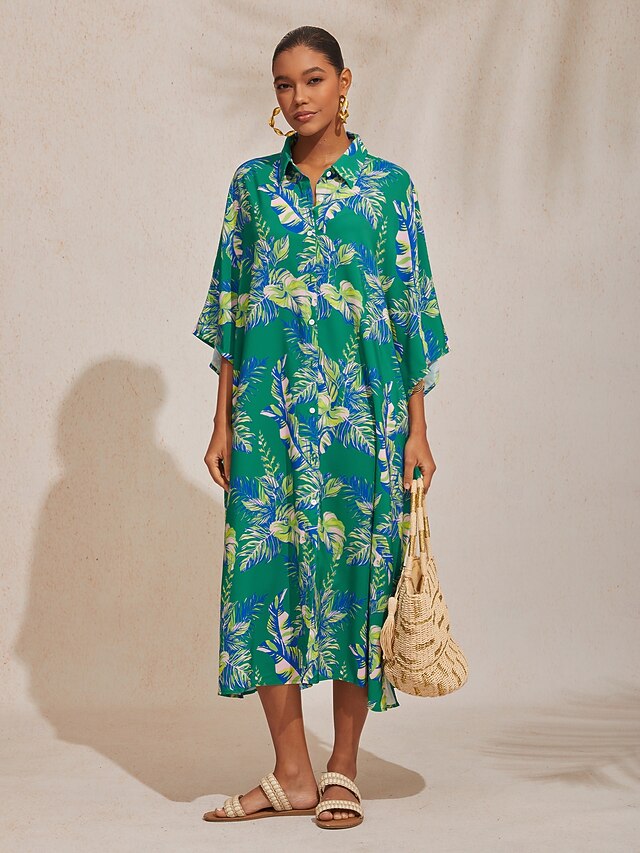 Leaf Print Shirt Short Sleeve Midi Chiffon Dress