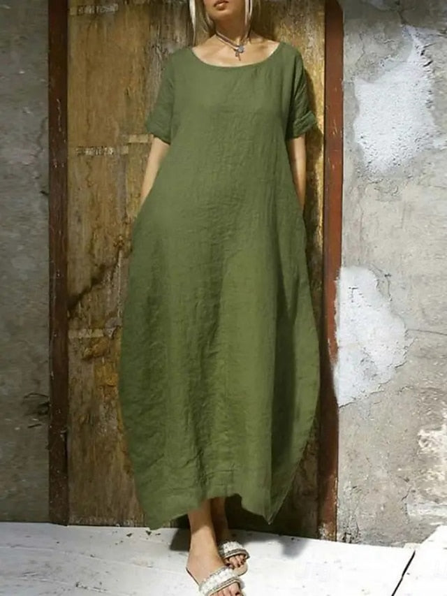 Women's Maxi Dress Faux Cotton Linen Casual Dress Basic